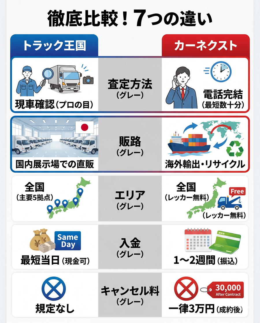 トラック王国とカーネクストの7軸比較表。査定方法、販路、入金スピード、キャンセル料などの違い