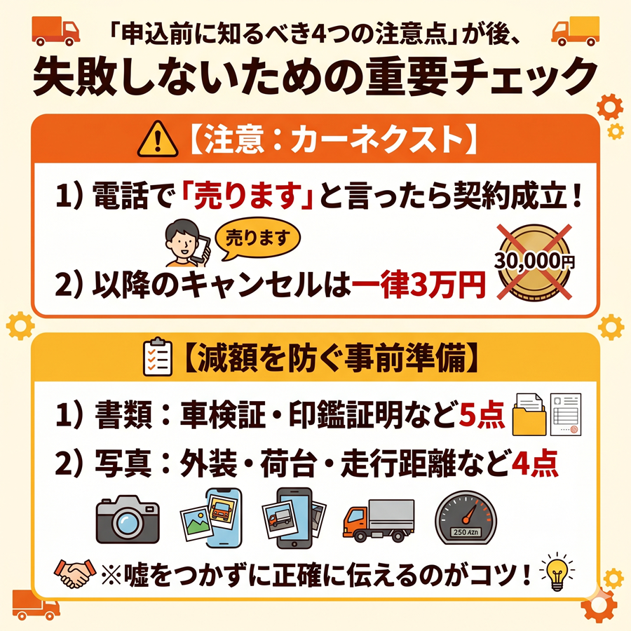 トラック売却時の注意点まとめ。カーネクストのキャンセル料3万円規定と、減額を防ぐための必要書類・写真リスト