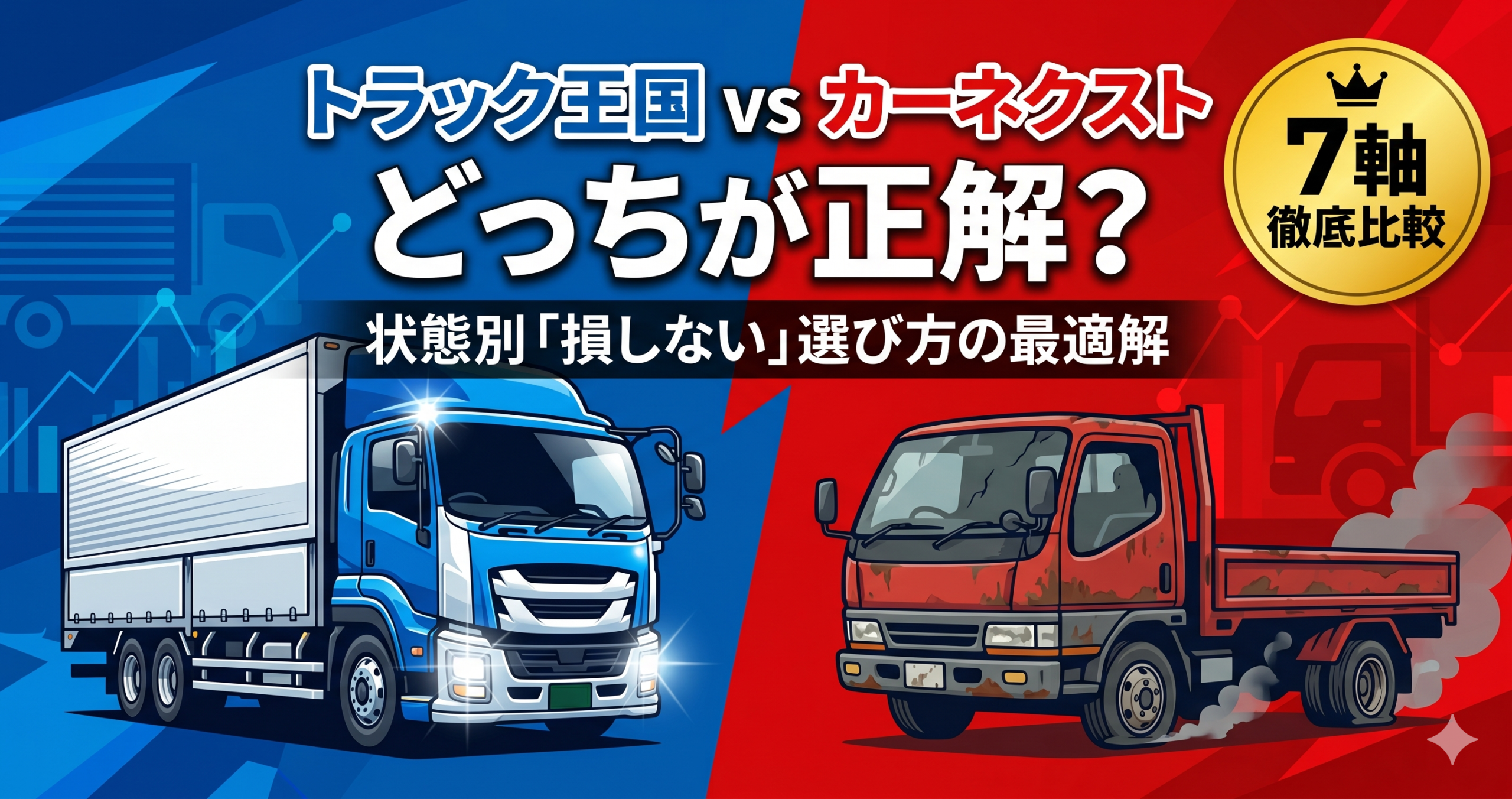 トラック王国とカーネクストのどちらを選ぶべきかの早見表。高年式や架装ありはトラック王国、低年式や不動車はカーネクストを推奨