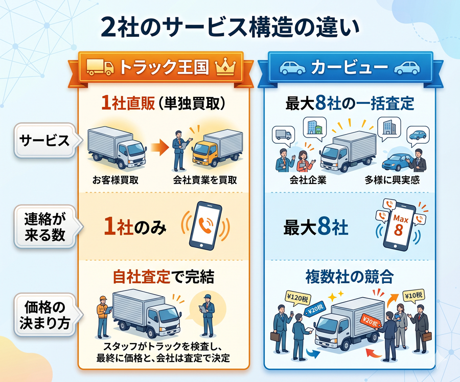 トラック王国とカービューのサービス構造の違い。単独買取か一括査定か、連絡数や価格決定方式の比較表