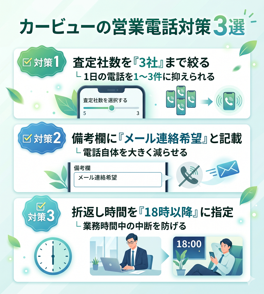 カービューの営業電話対策3つ。査定社数を3社に絞る、メール連絡希望と書く、時間を18時以降に指定する