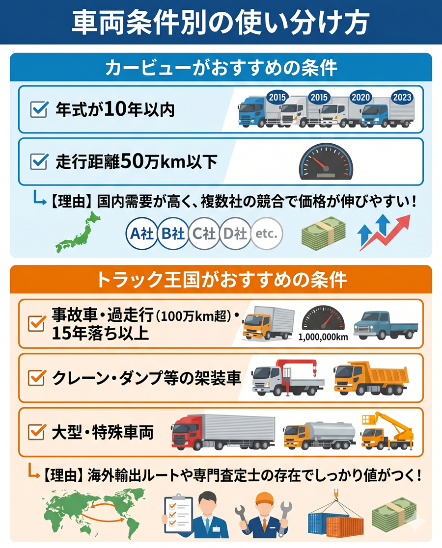 車両条件別の使い分け方。年式10年内・50万km以下はカービュー、事故車・架装車・大型車などはトラック王国がおすすめ