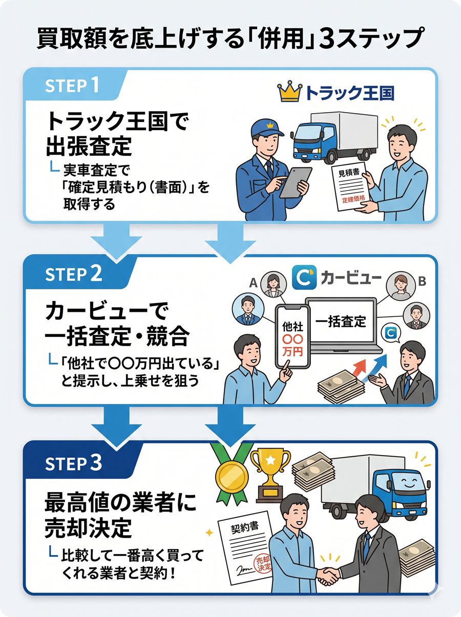 買取額を底上げする併用3ステップ。トラック王国で査定し、カービューで競合させ、最高値の業者に売却する流れ